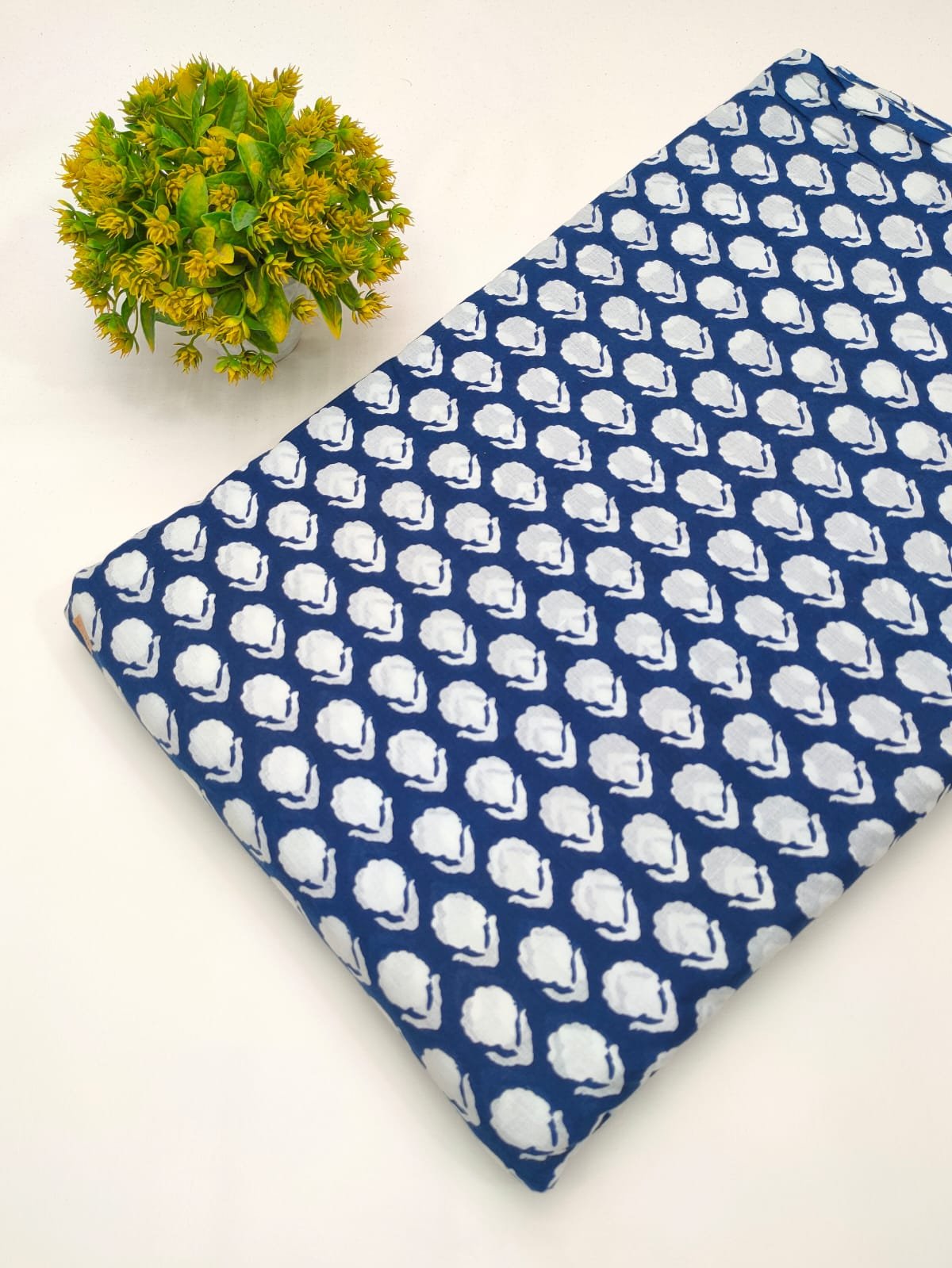Blue geometric screen print cotton fabric India