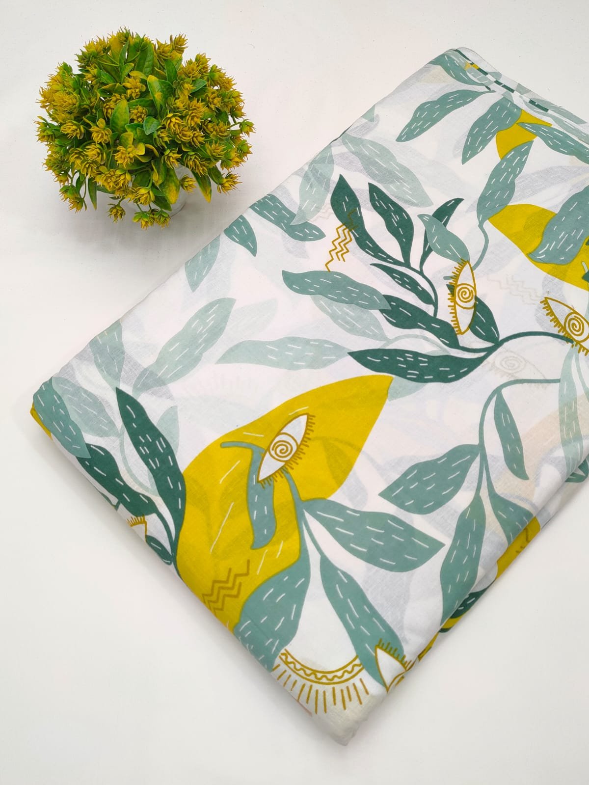 White nature-inspired screen print cotton fabric Jaipur