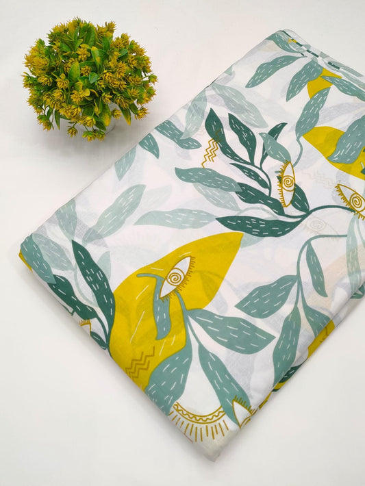 White nature-inspired screen print cotton fabric Jaipur