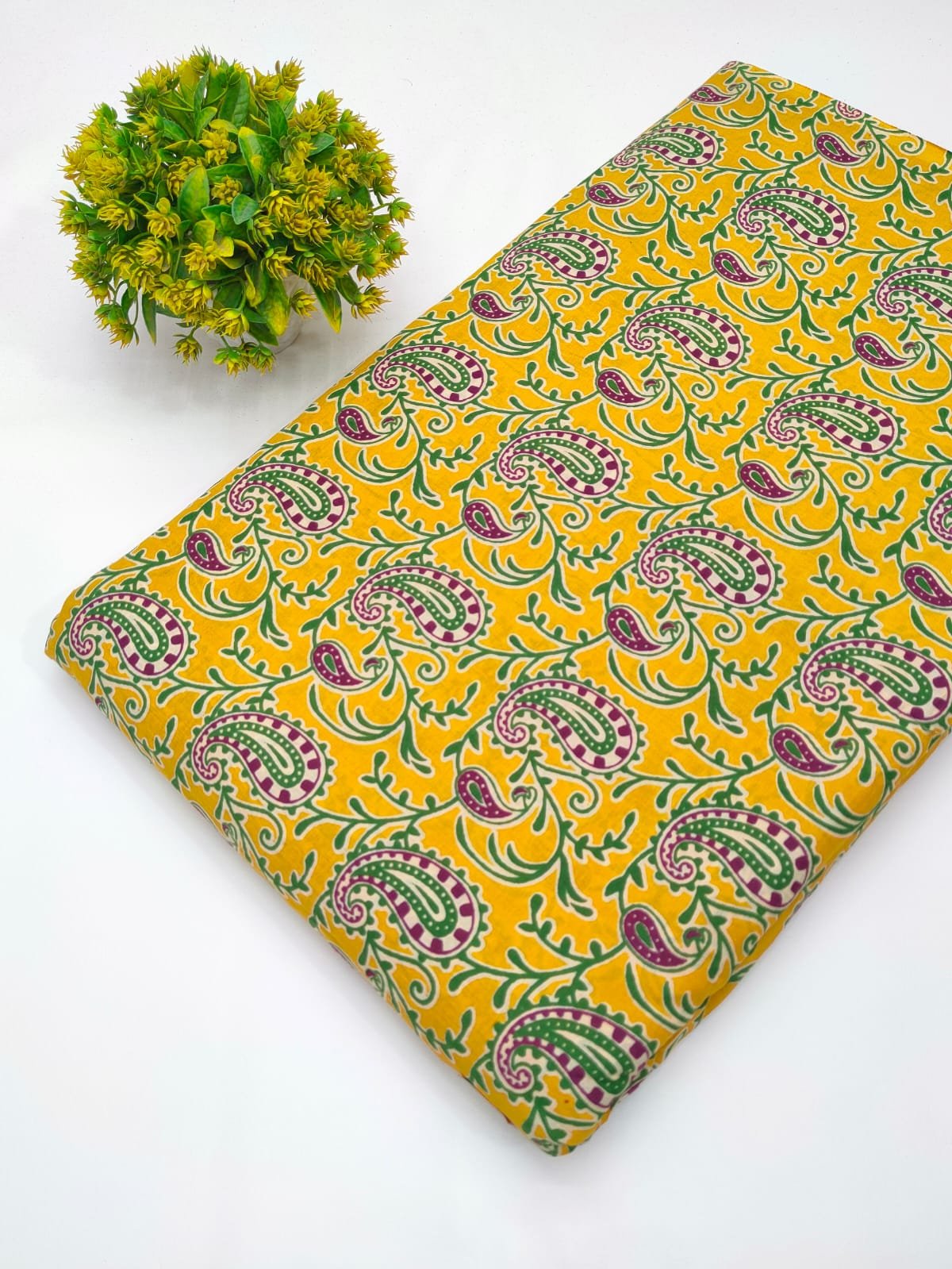 Yellow paisley screen print cotton fabric India