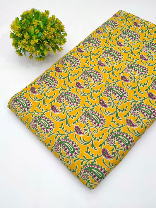 Yellow paisley screen print cotton fabric India