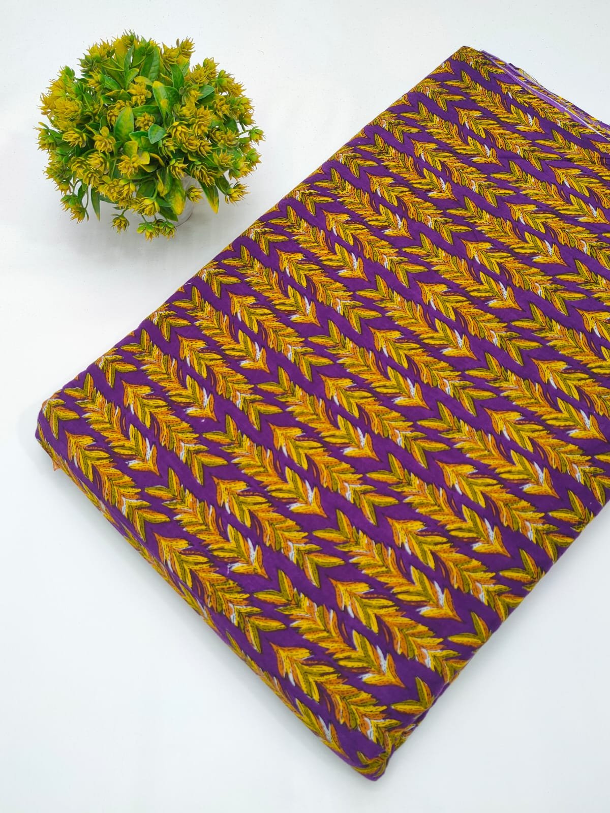 Purple leaf pattern screen printed cotton fabric
