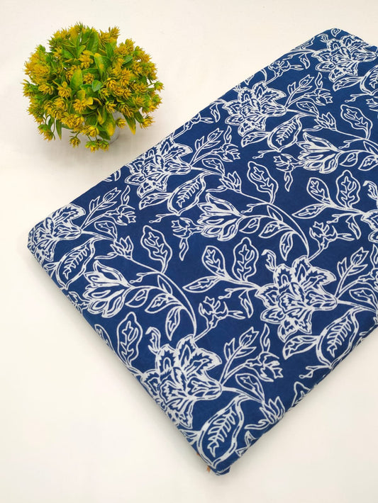 Blue floral screen print cotton fabric Jaipur