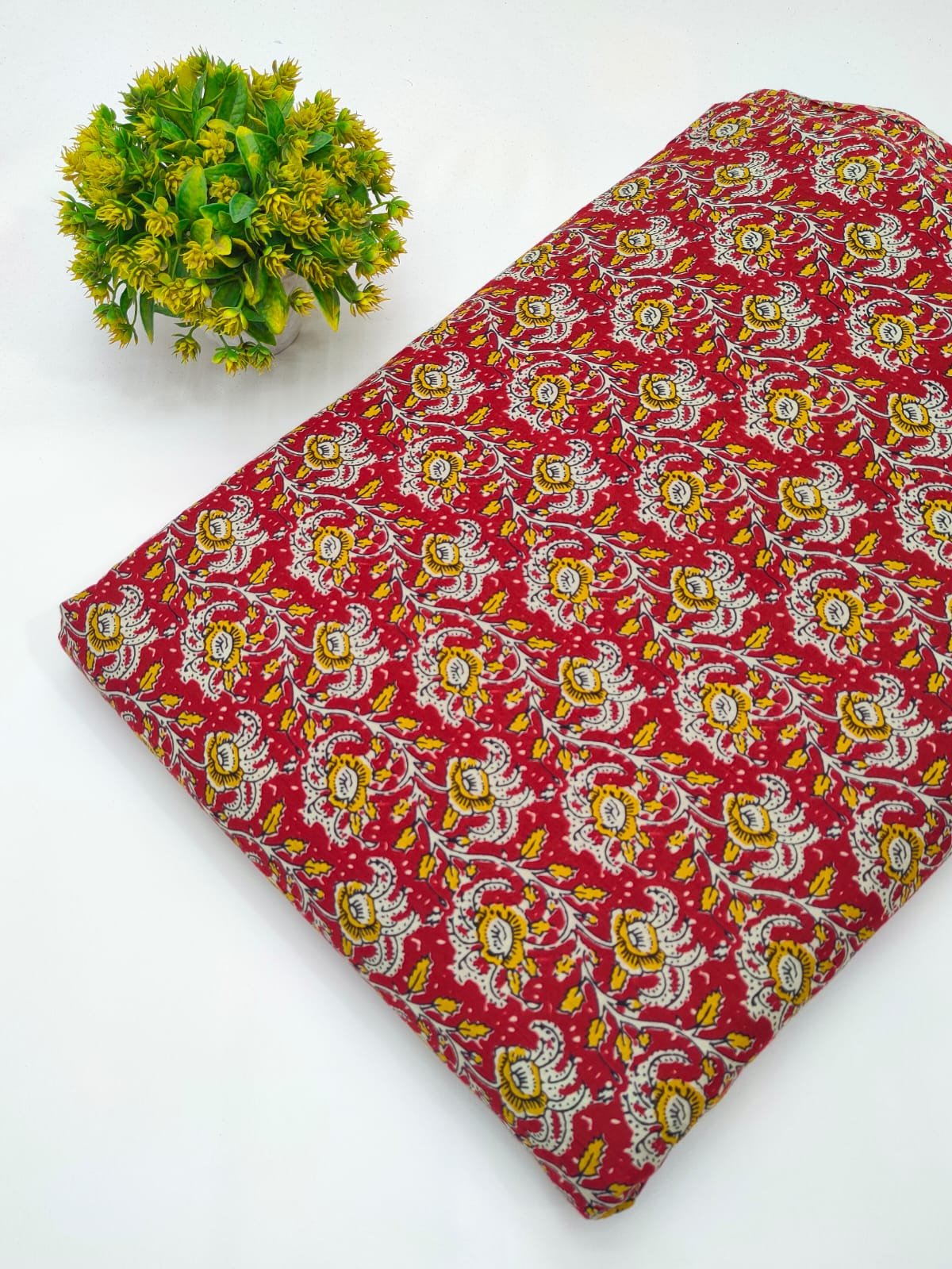 Red floral ethnic cotton fabric India