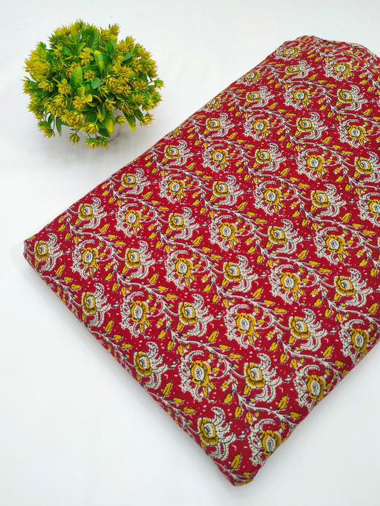 Red floral ethnic cotton fabric India