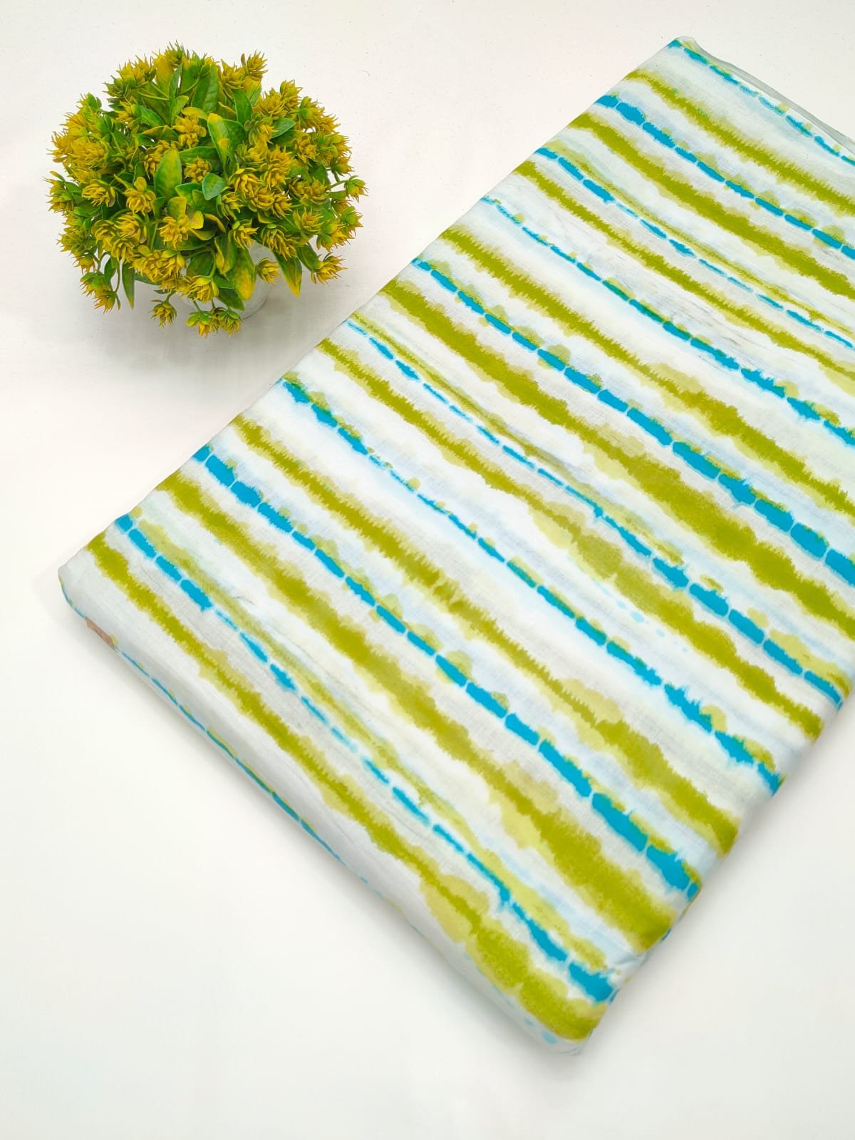Green blue striped cotton fabric India
