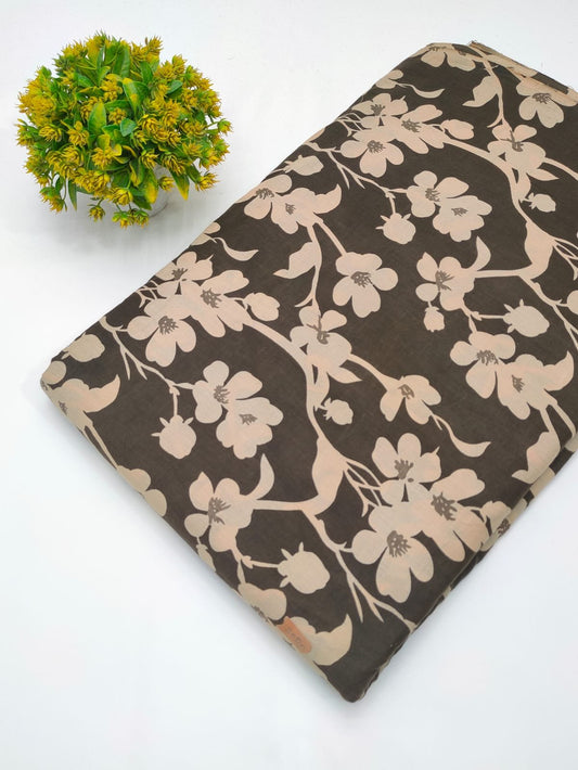 Brown floral screen print cotton fabric India