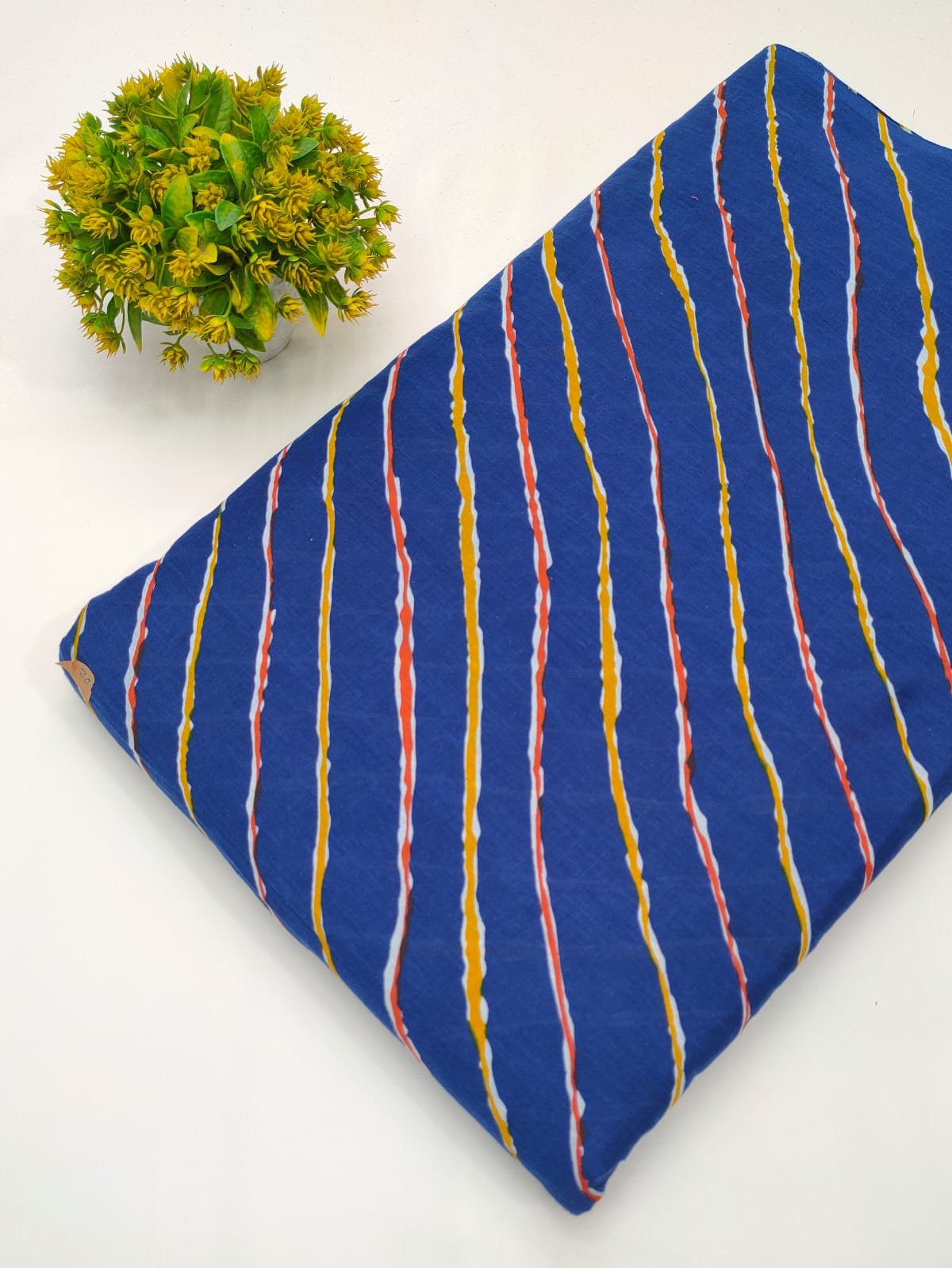 Blue striped screen printed cotton fabric India