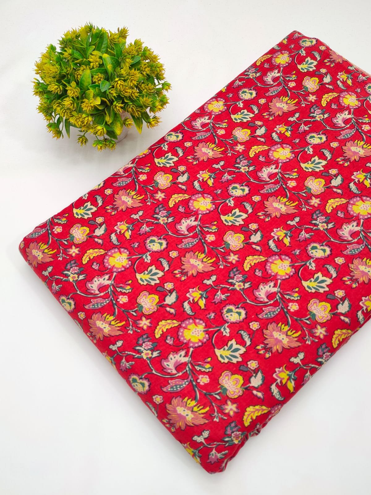 Red floral screen printed cotton fabric India