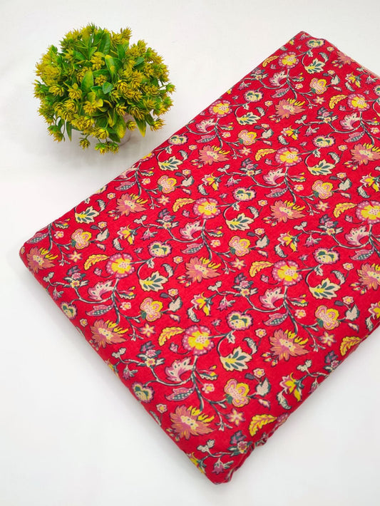 Red floral screen printed cotton fabric India