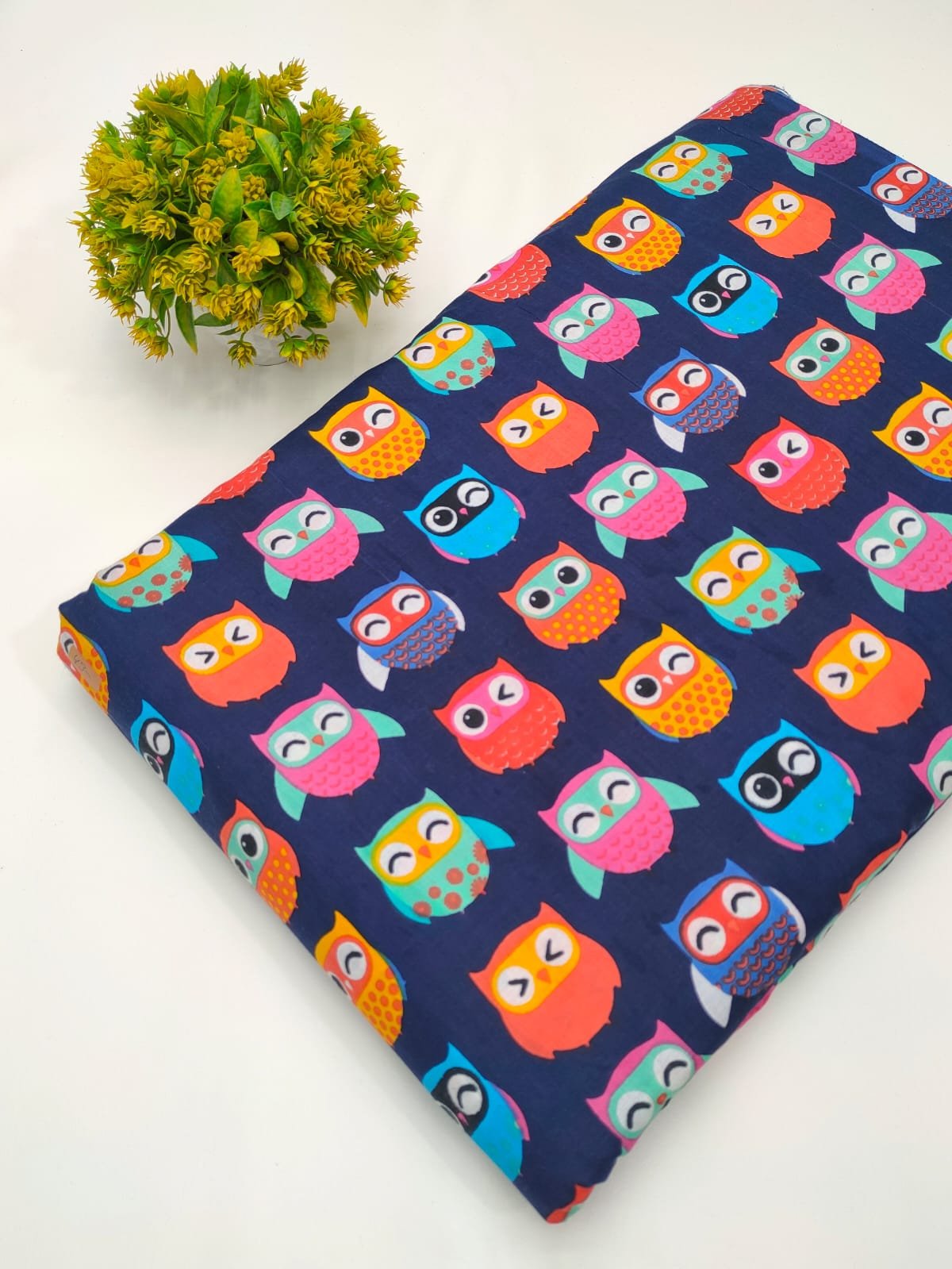 Dark blue cotton fabric with owl pattern print