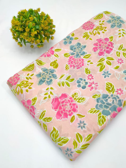 Pink cotton fabric with floral screen print design