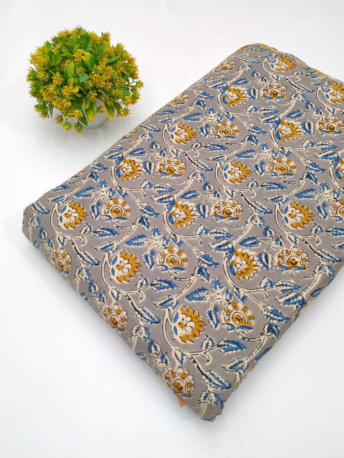 Gray floral screen print cotton fabric India