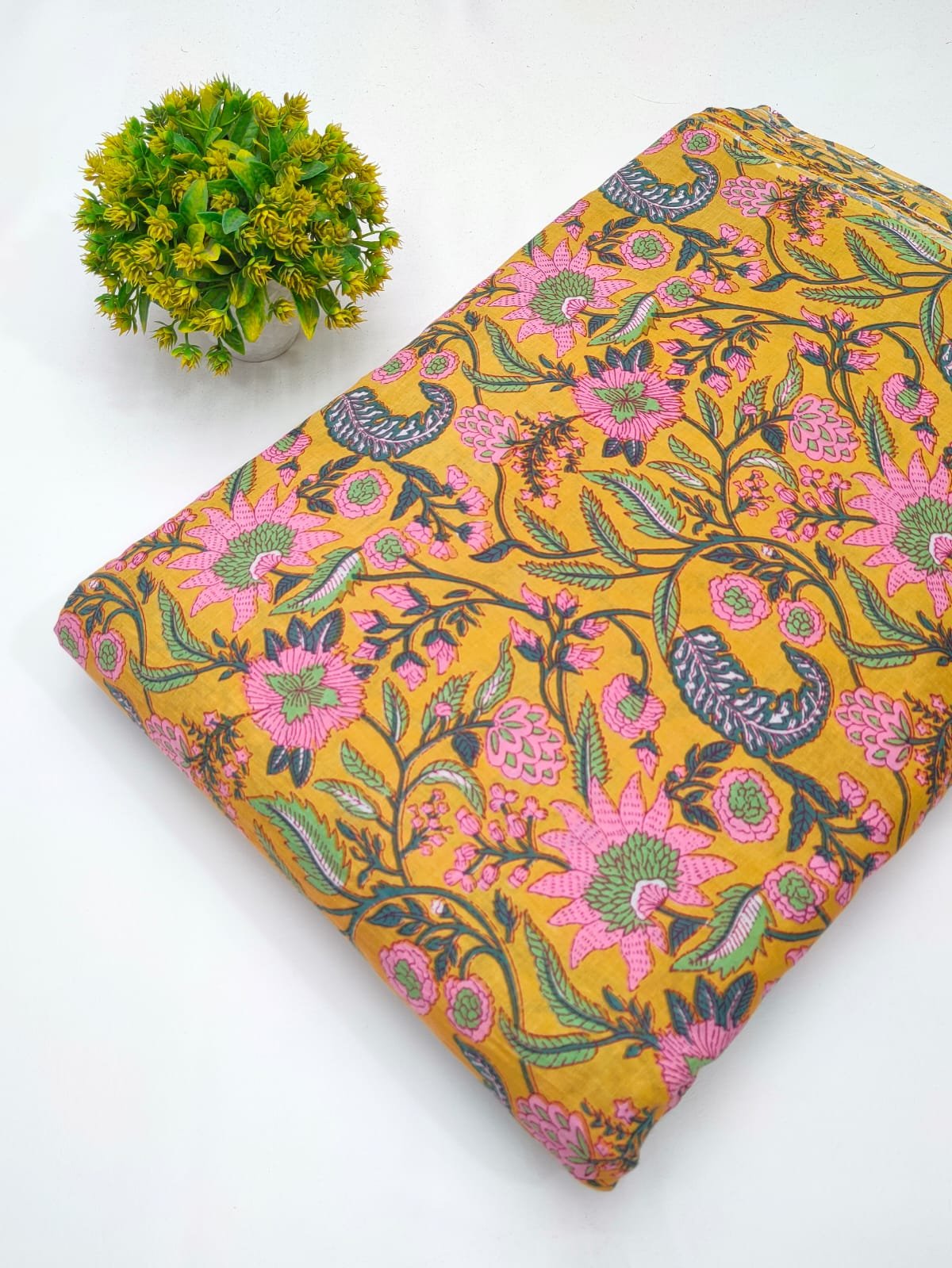 Yellow floral screen print cotton fabric Jaipur