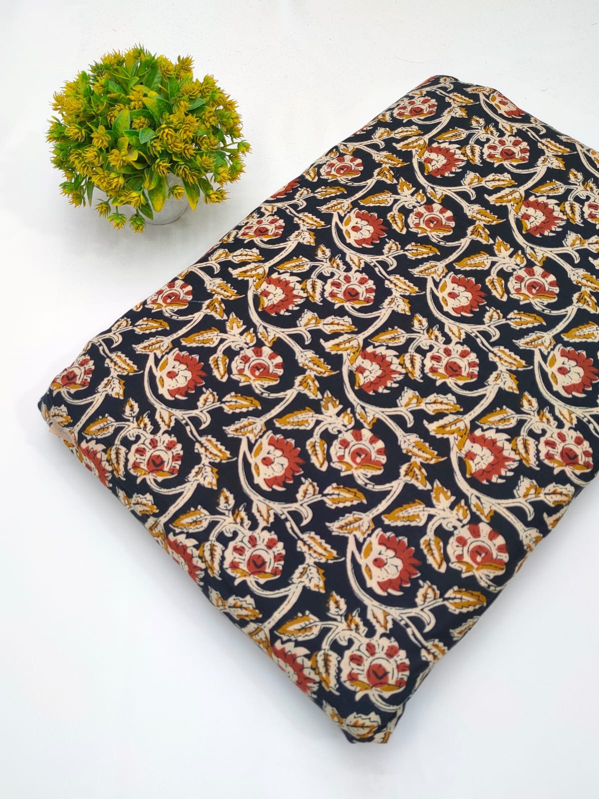 Black ethnic motif screen print cotton fabric