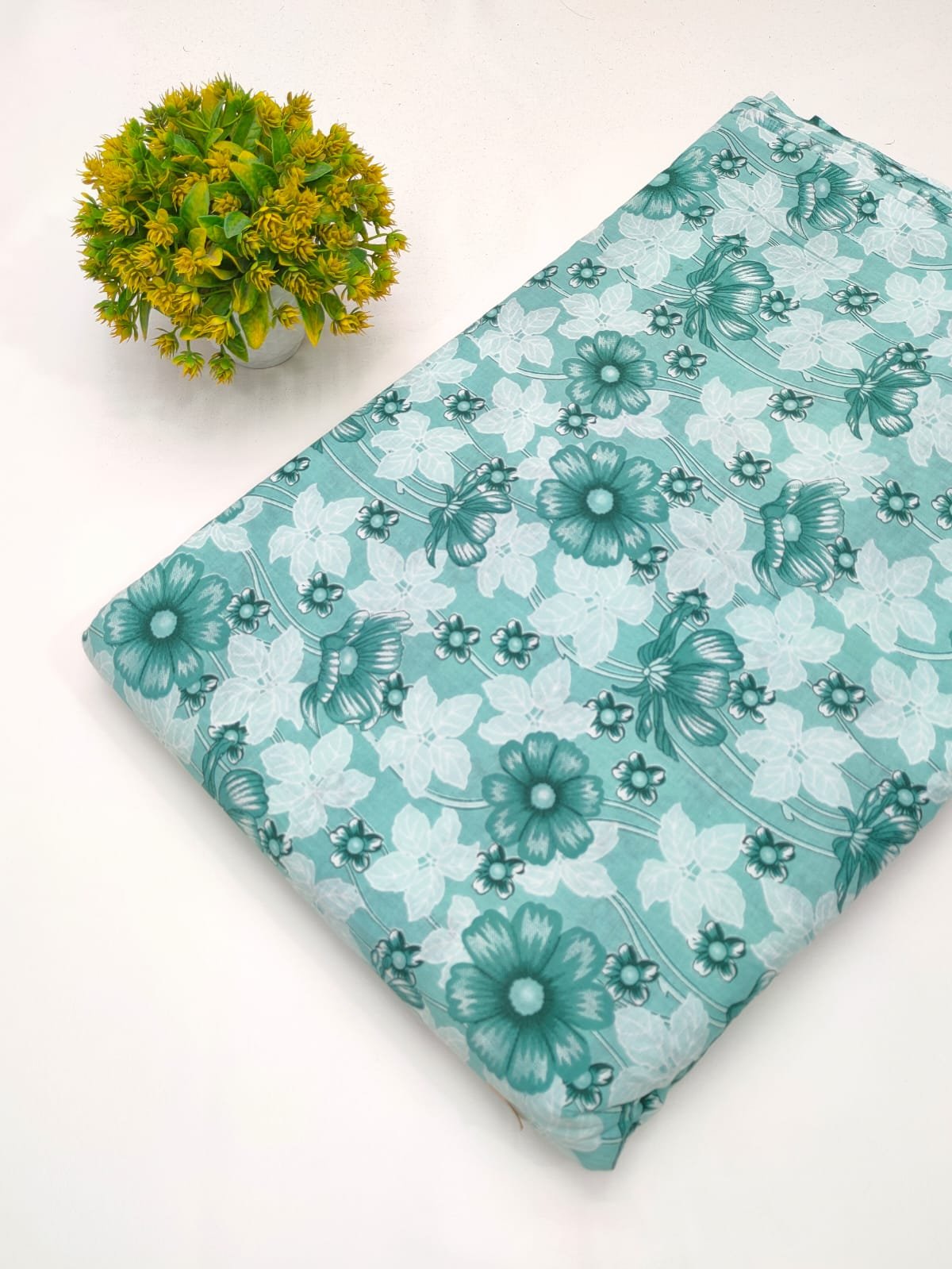 Aqua floral screen print cotton fabric India