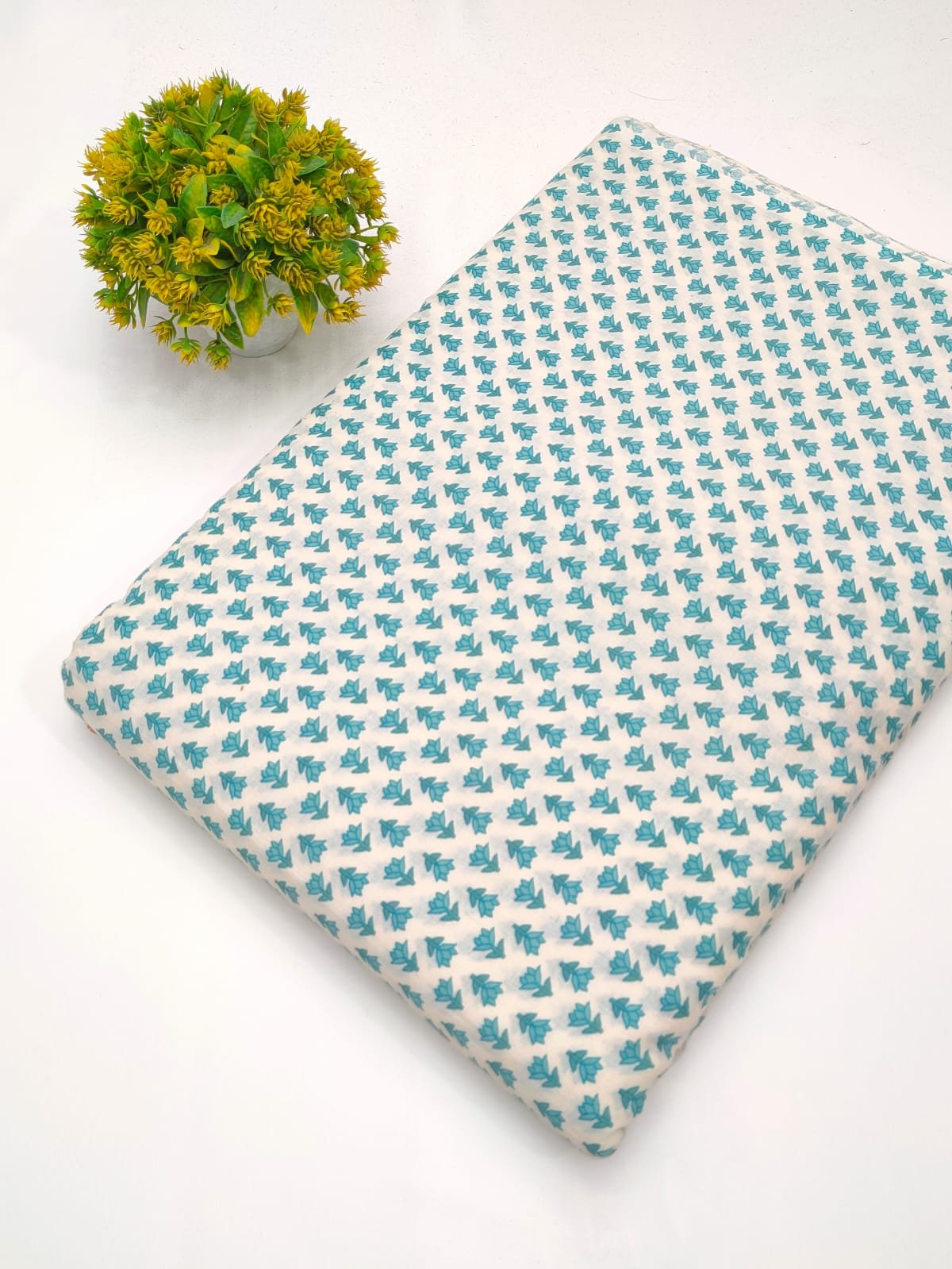 White teal geometric print cotton fabric India