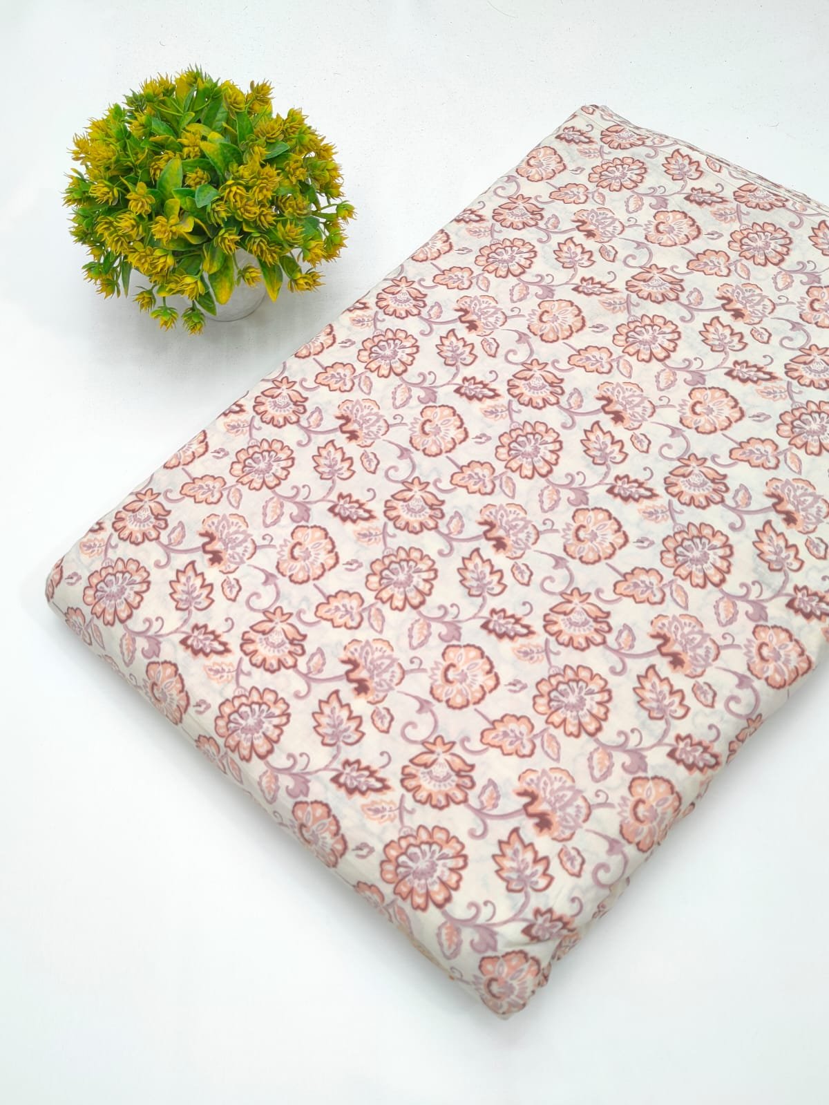 Beige floral screen print cotton fabric India