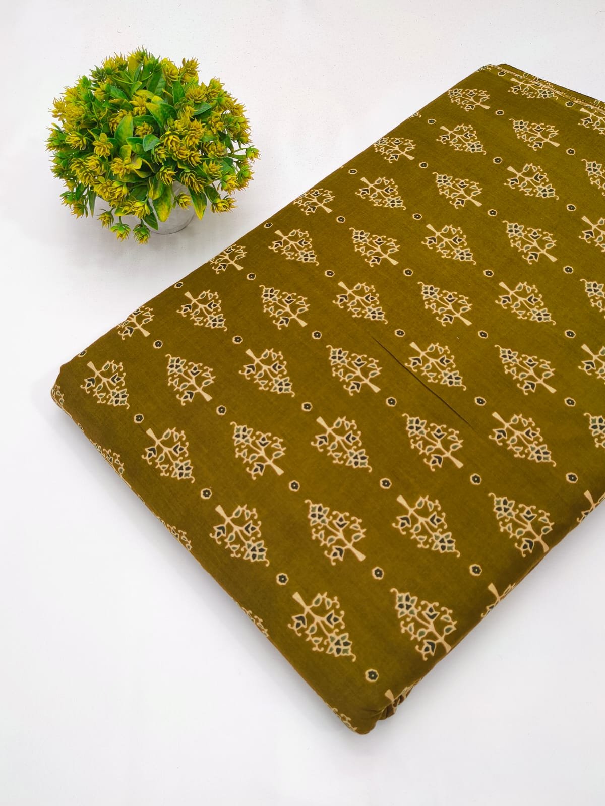 Brown leaf motif screen print cotton fabric Jaipur