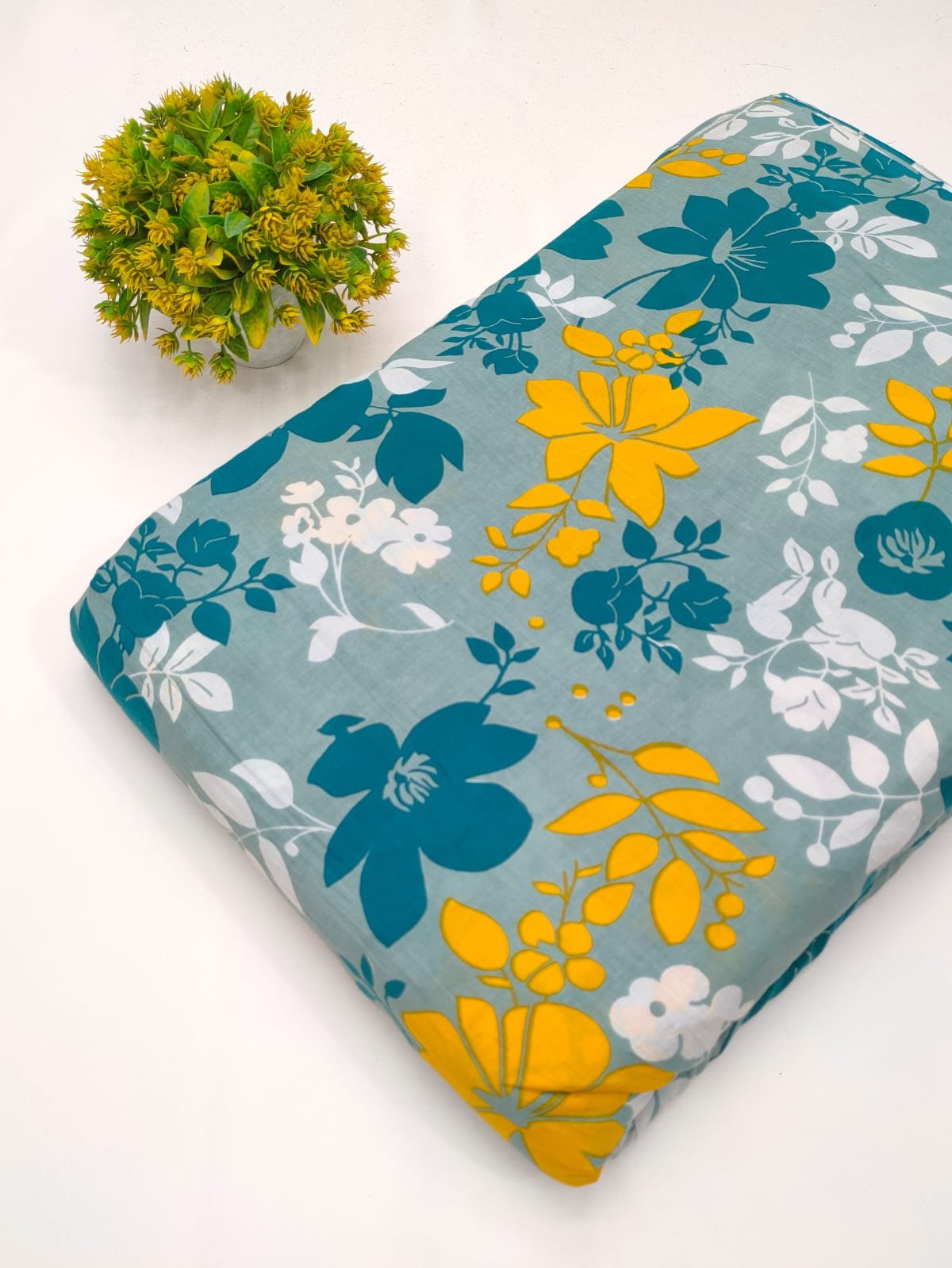 Blue and yellow floral cotton fabric Jaipur