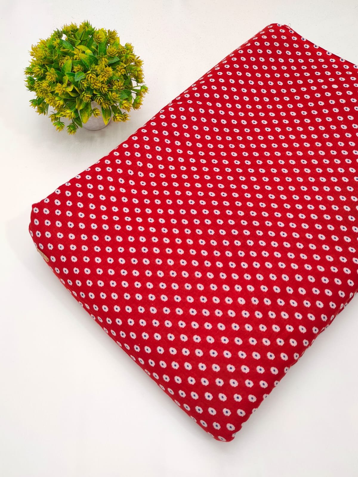 Red polka dot screen print cotton fabric India