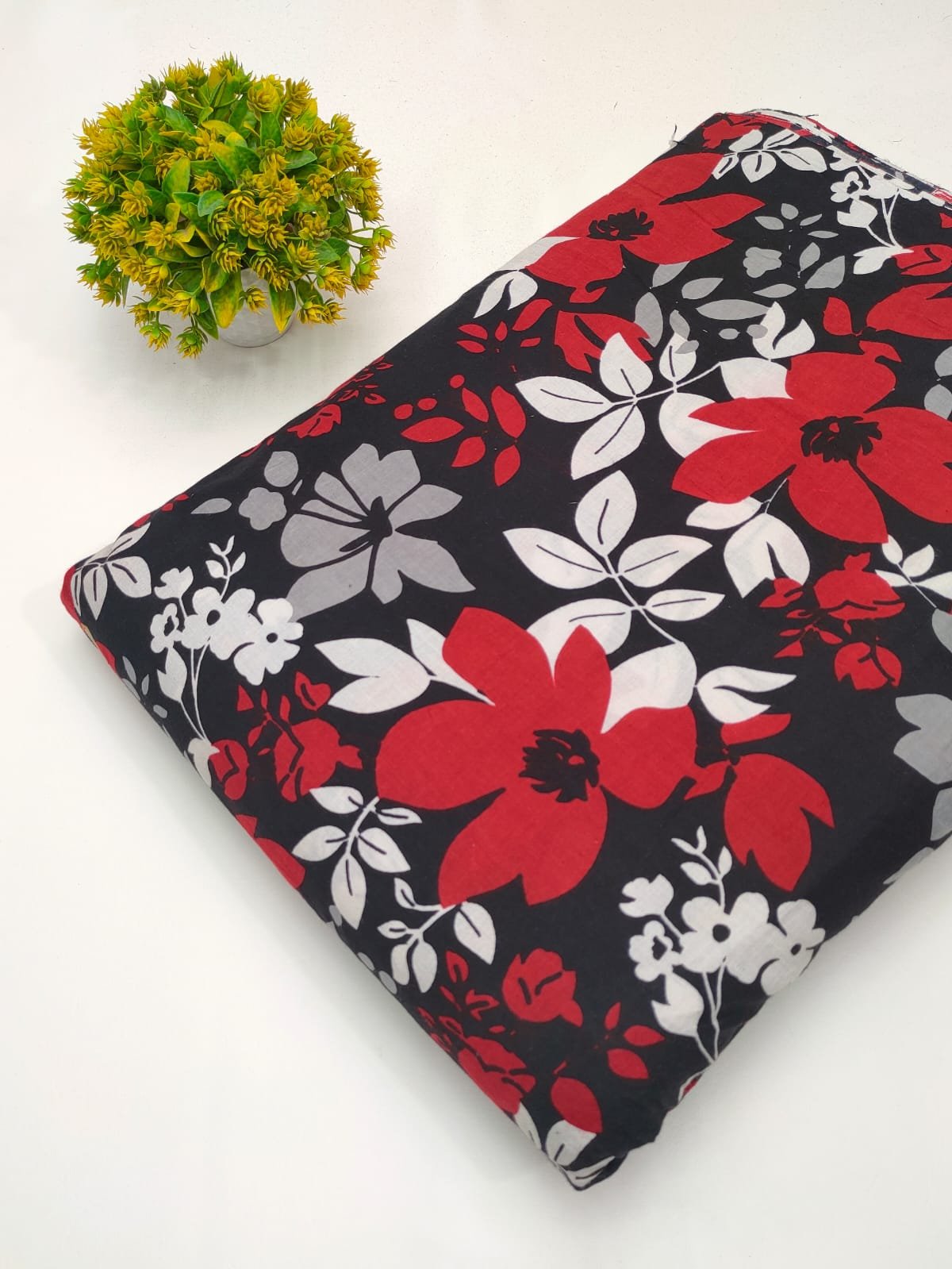 Black floral screen print cotton fabric Jaipur