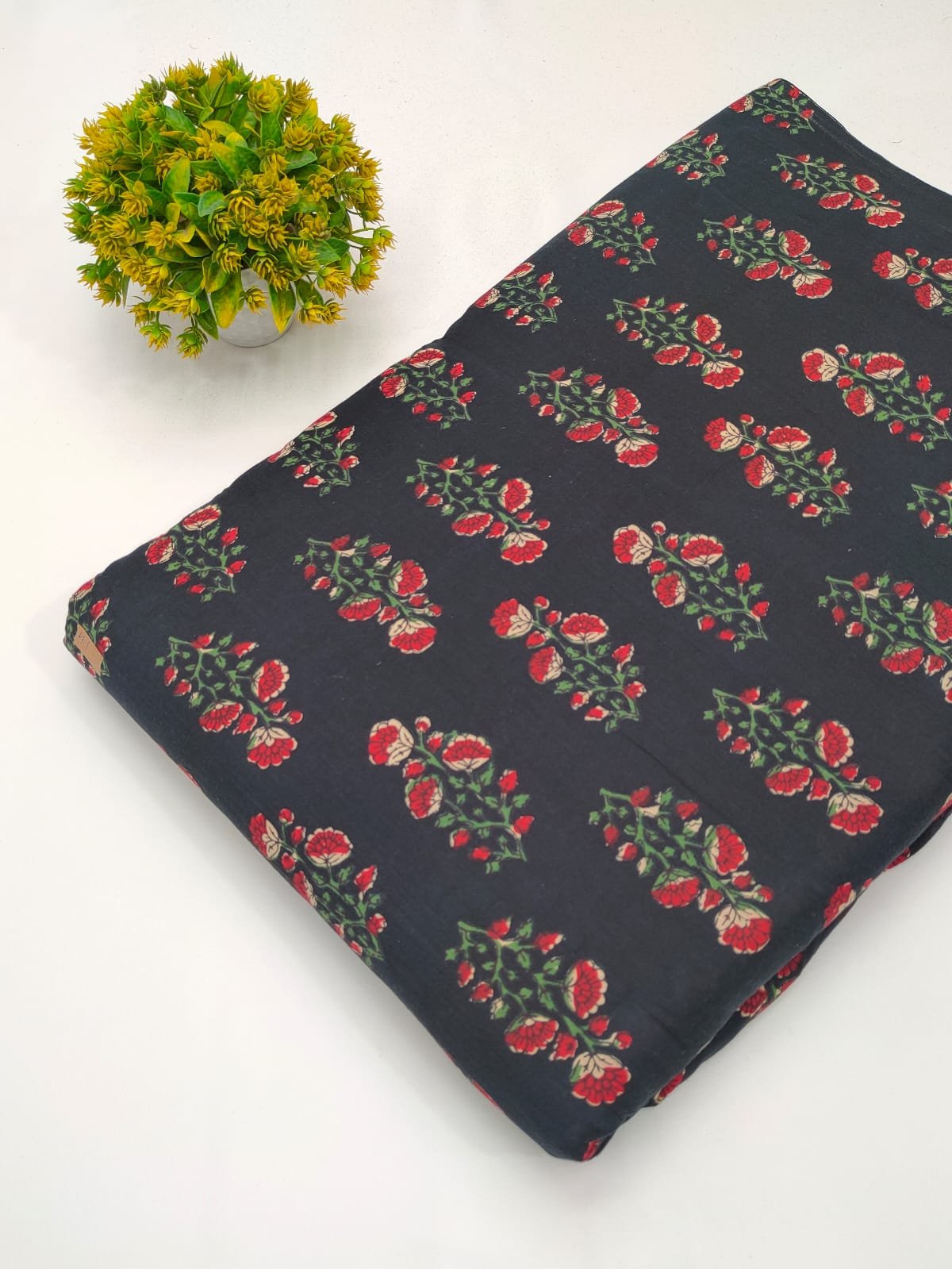 Black floral screen print cotton fabric Jaipur
