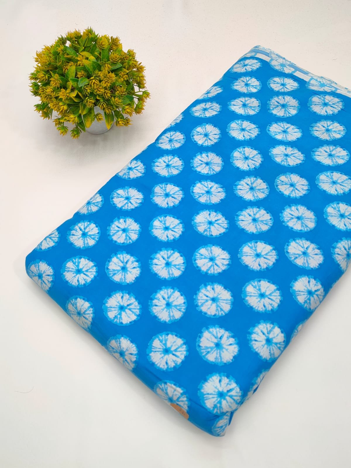 Blue geometric screen print cotton fabric Jaipur