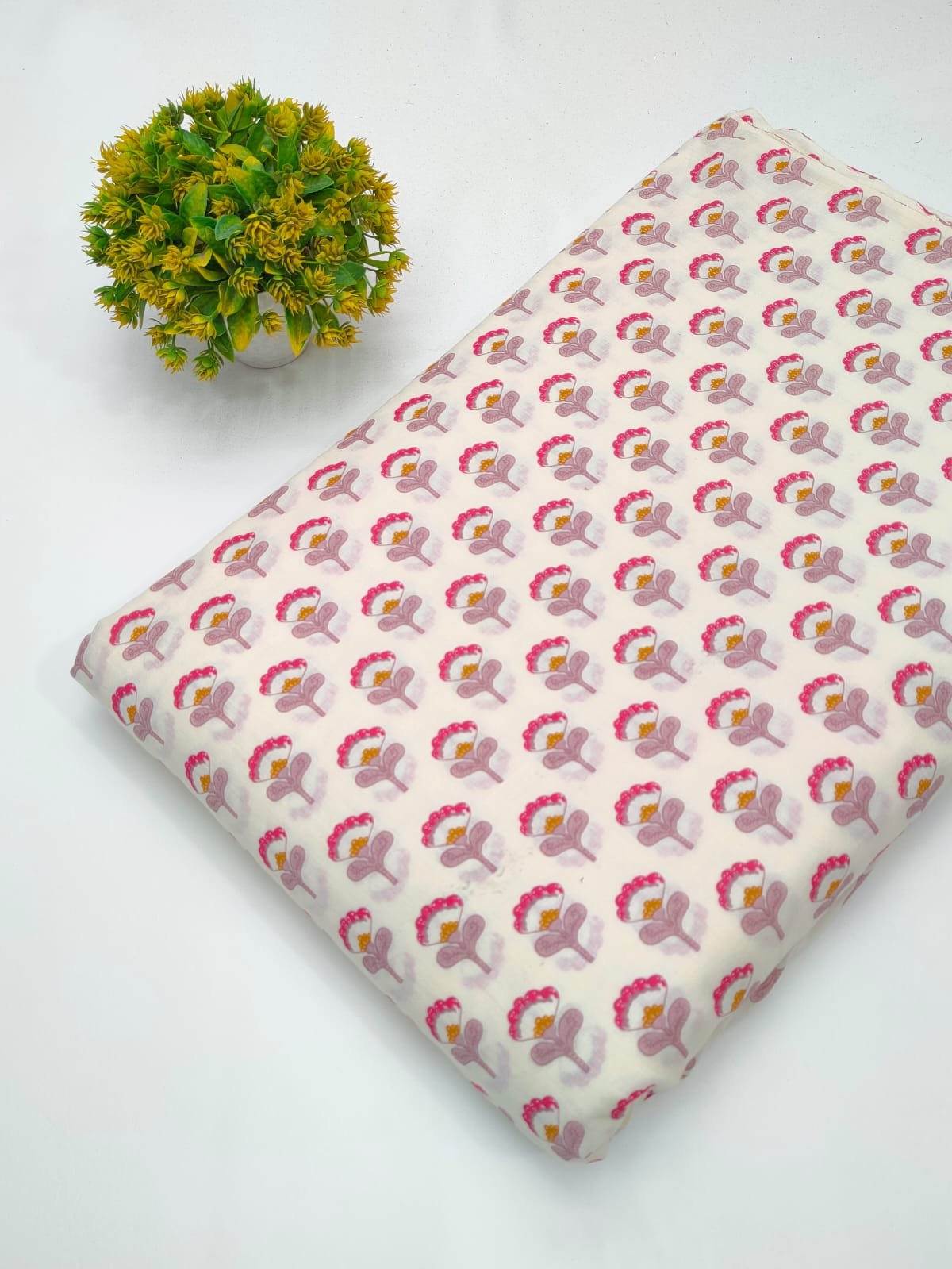 White ethnic motif screen print cotton fabric India