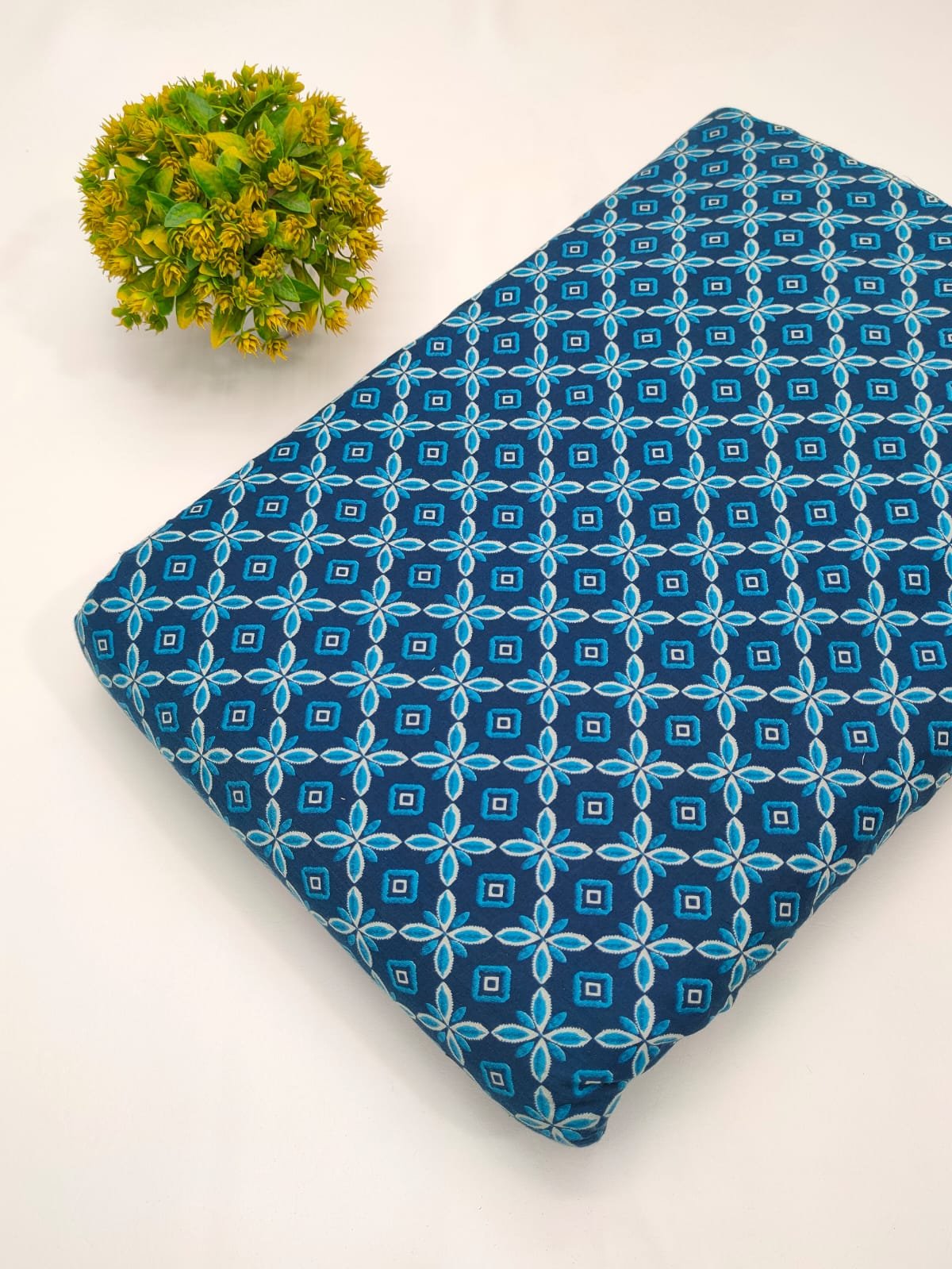 Geometric blue cotton screen print fabric Jaipur