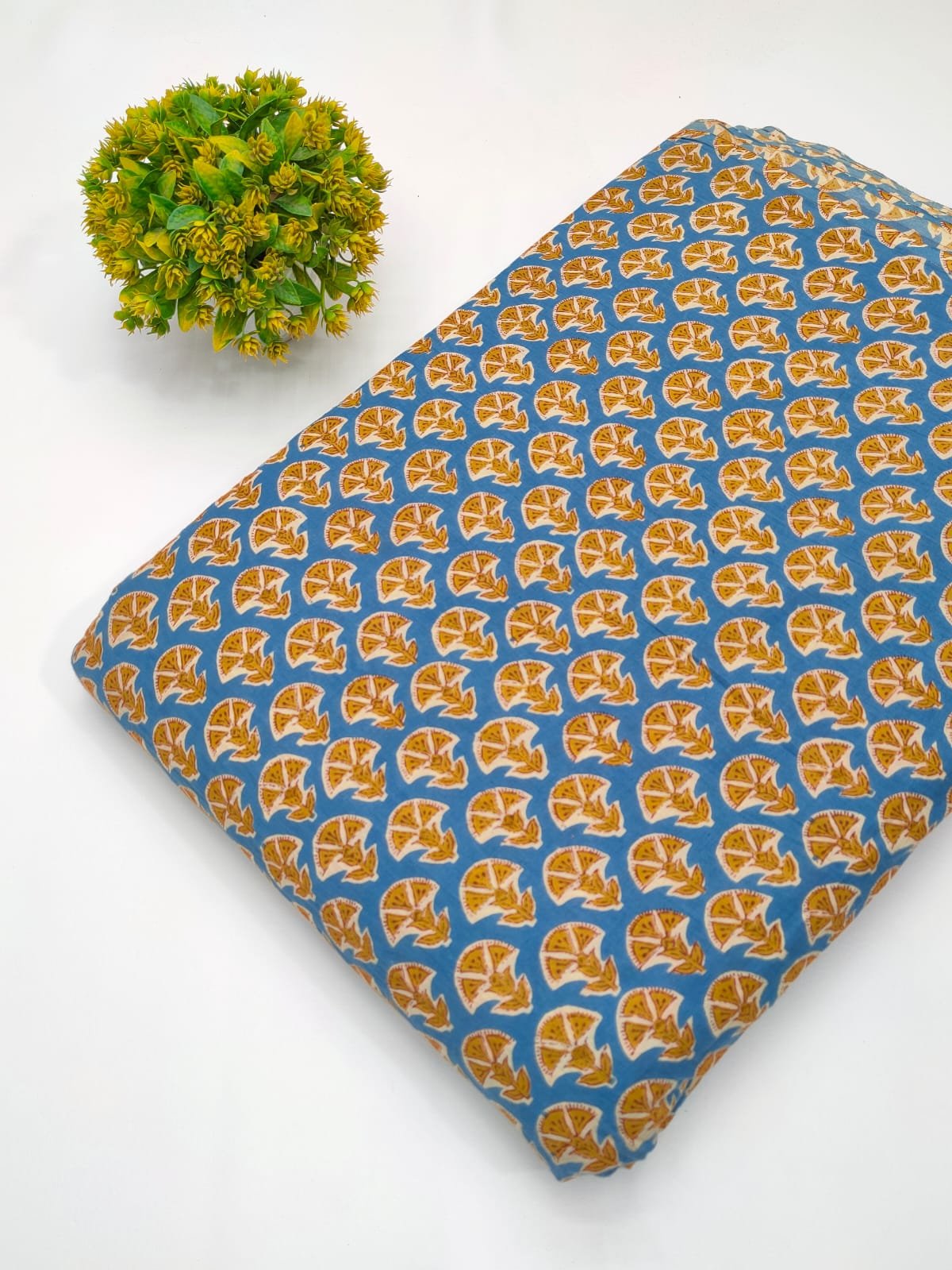 Orange blue ethnic cotton screen print fabric