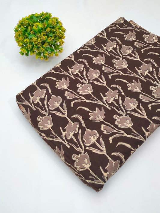 Brown floral screen print cotton fabric Jaipur