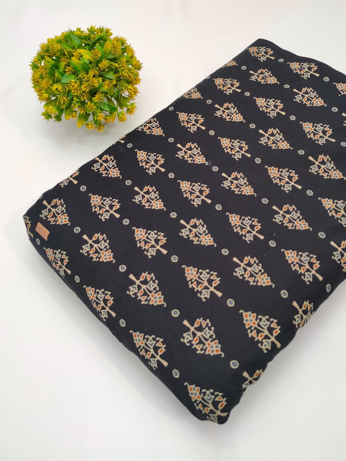 Black ethnic motif cotton fabric India screen print