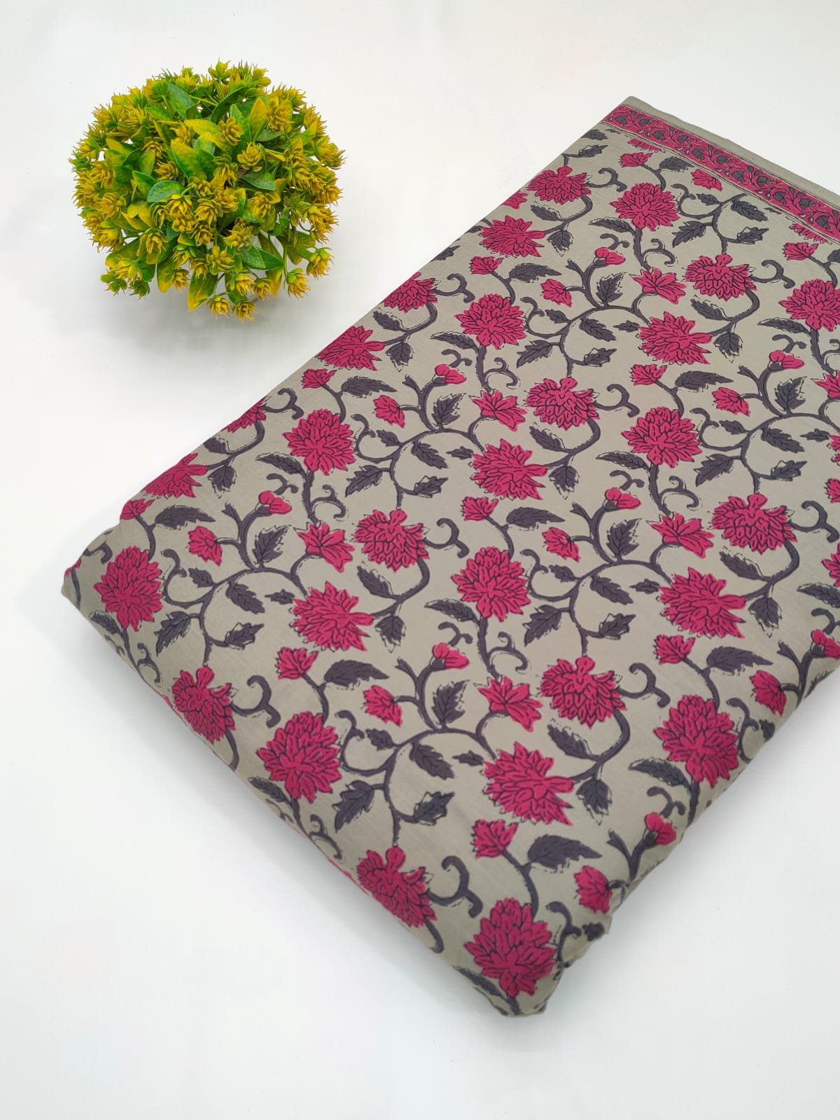 Grey floral screen print cotton fabric Jaipur India