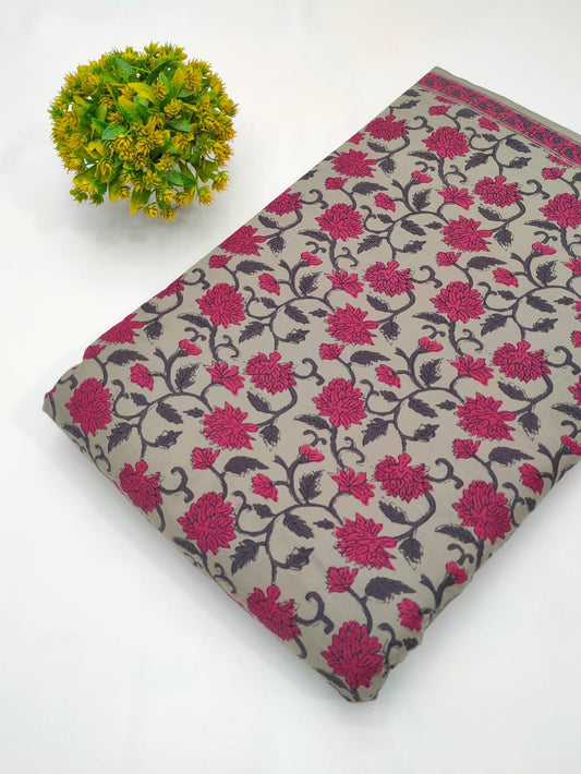 Grey floral screen print cotton fabric Jaipur India