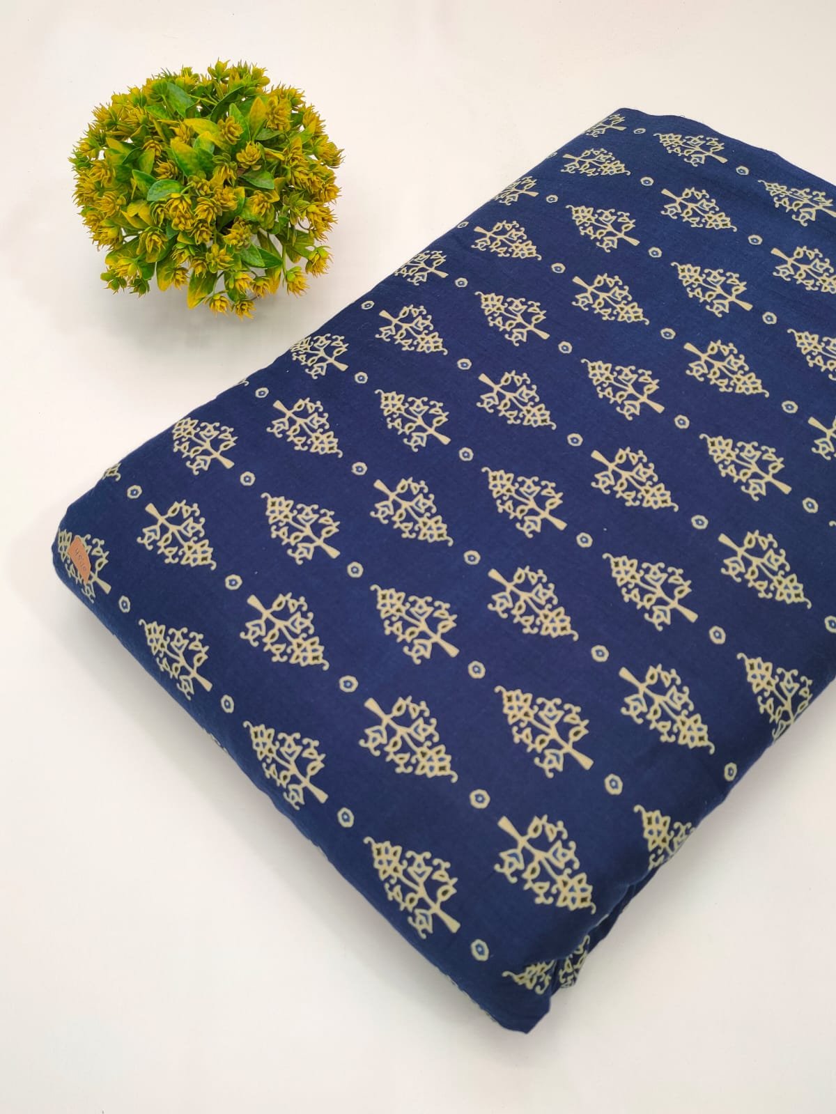 Blue ethnic motif screen print cotton fabric