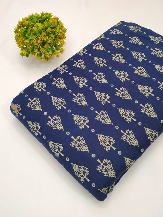 Blue ethnic motif screen print cotton fabric