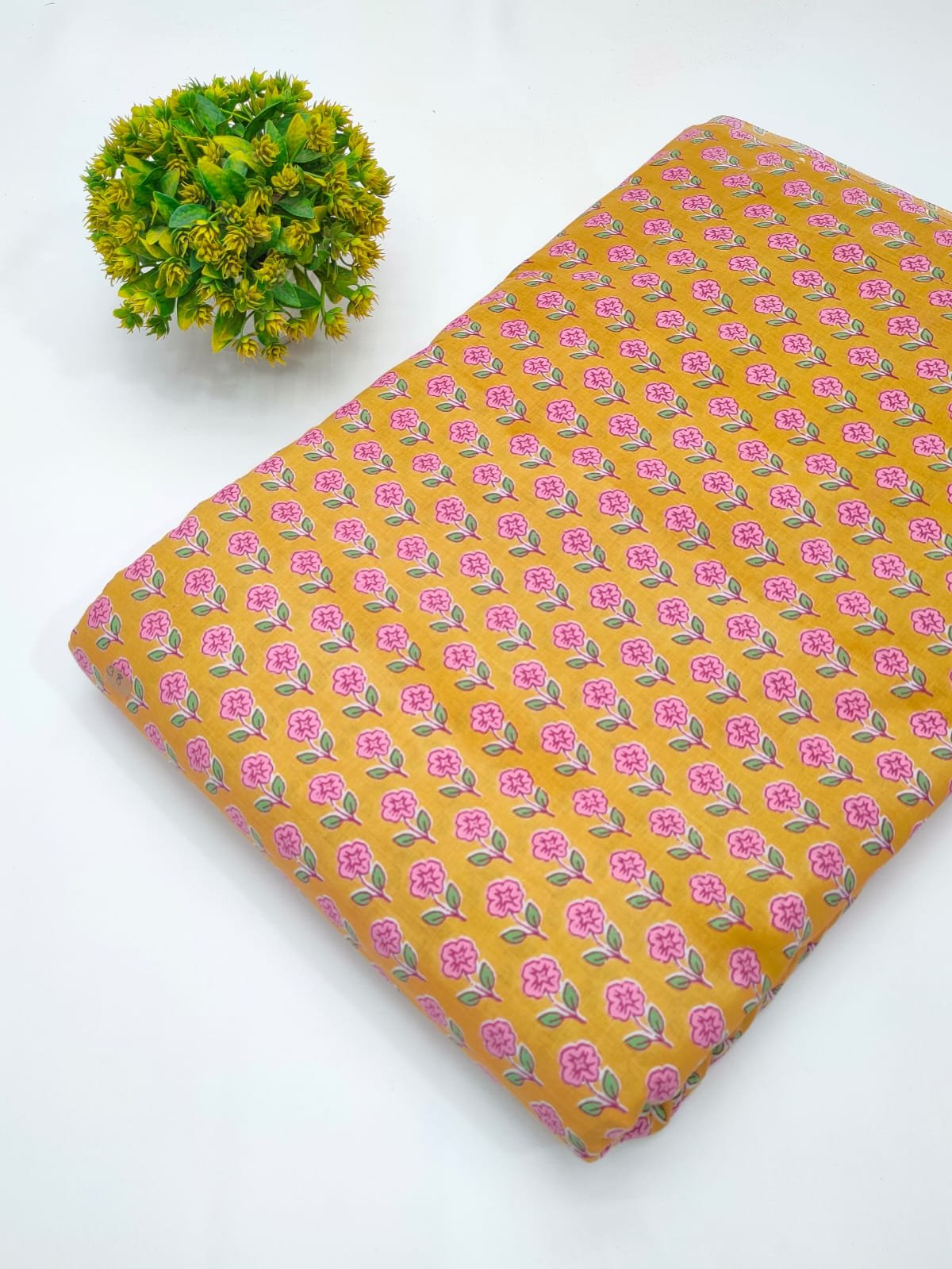 Yellow base pink floral screen print fabric Jaipur