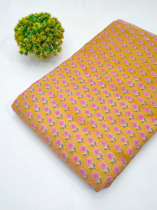 Yellow base pink floral screen print fabric Jaipur
