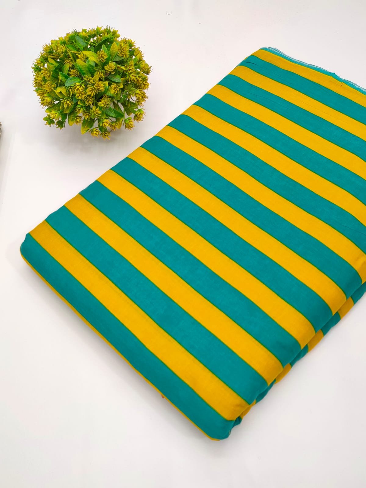 Green and yellow striped screen print cotton fabric