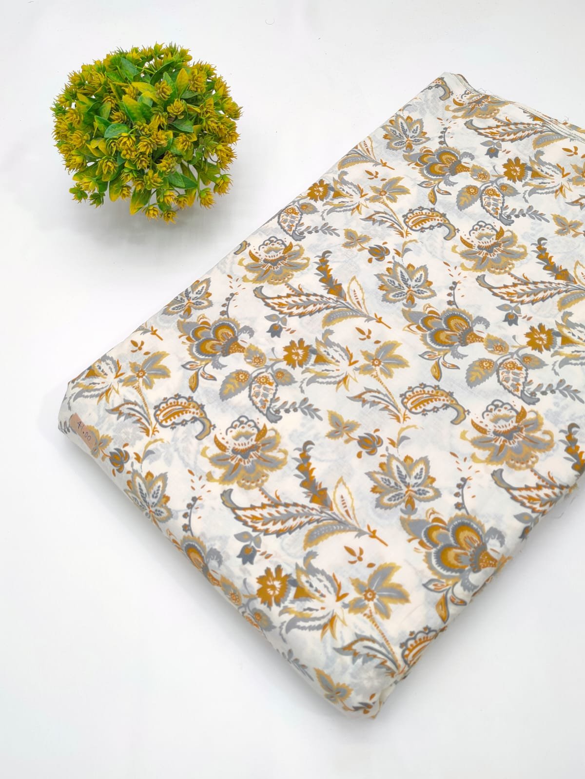 White floral screen print cotton fabric India