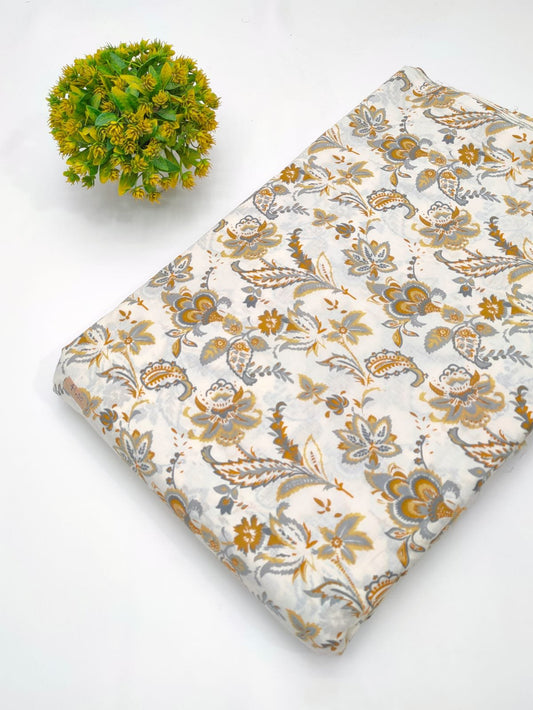White floral screen print cotton fabric India