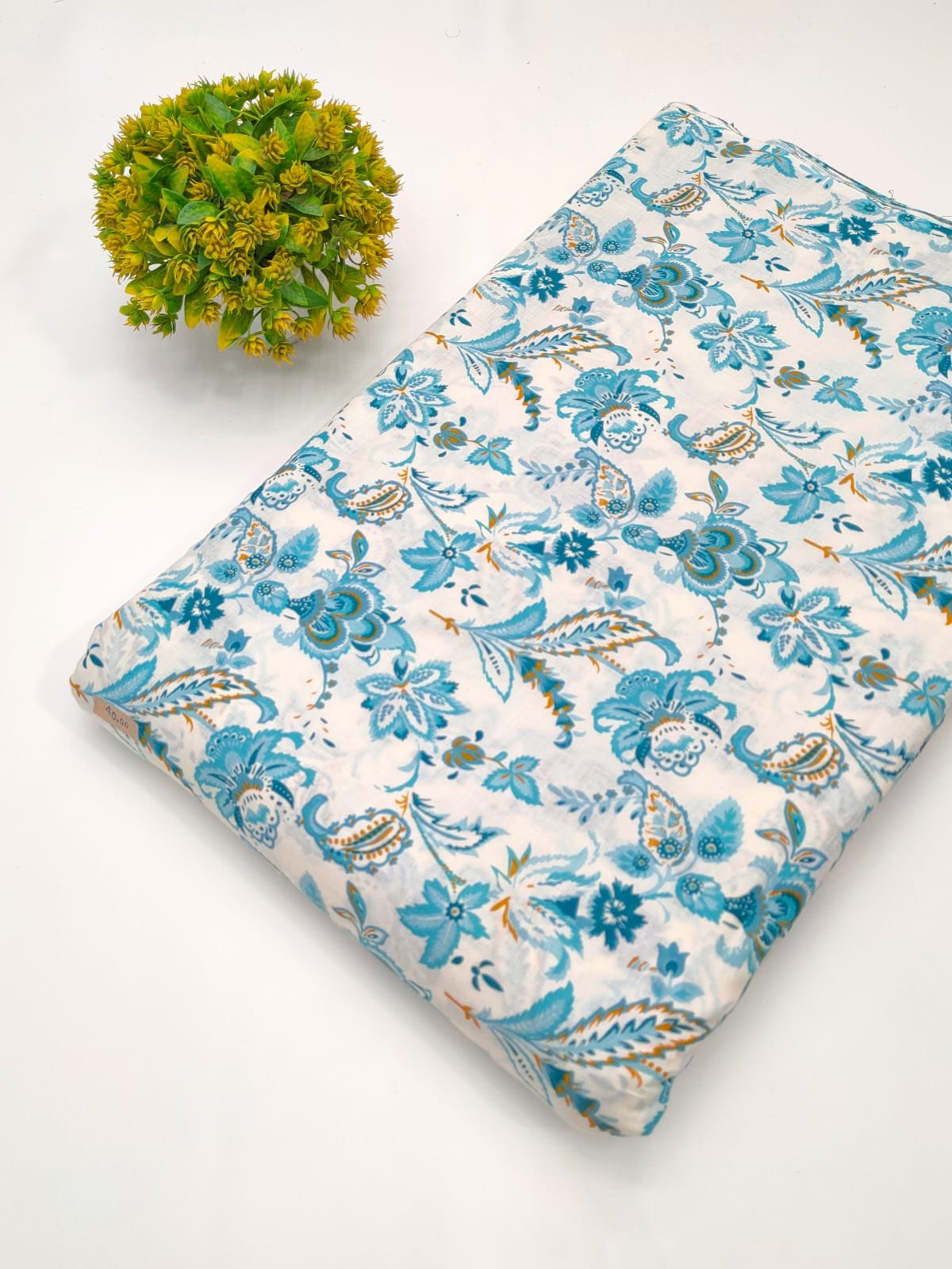 White and blue floral screen print cotton fabric