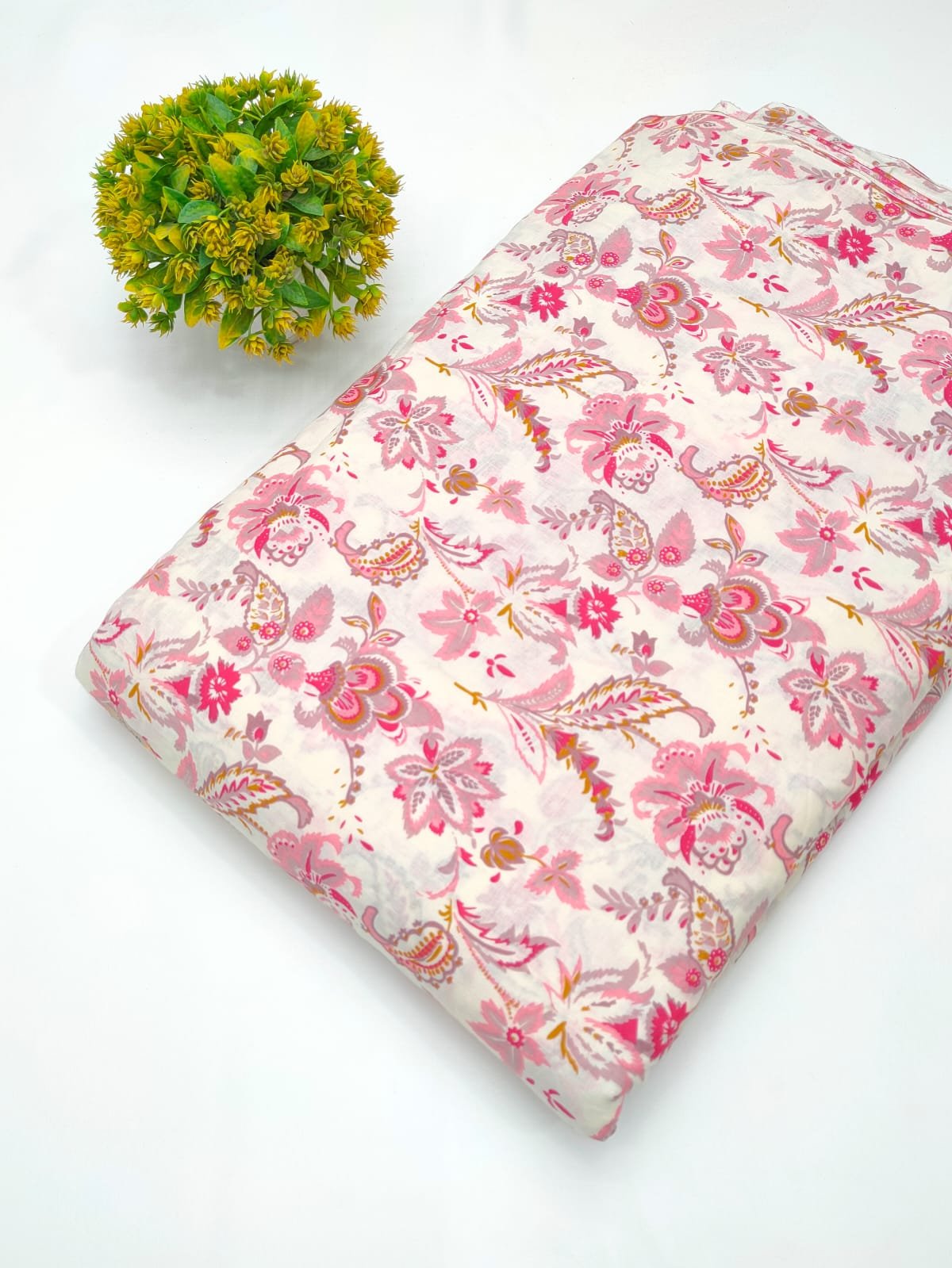 White and pink floral screen print cotton fabric