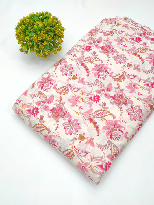 White and pink floral screen print cotton fabric