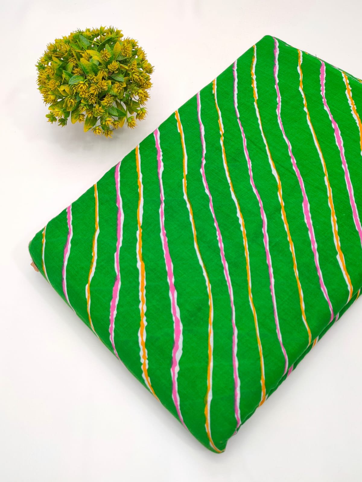 Green striped screen print cotton fabric India