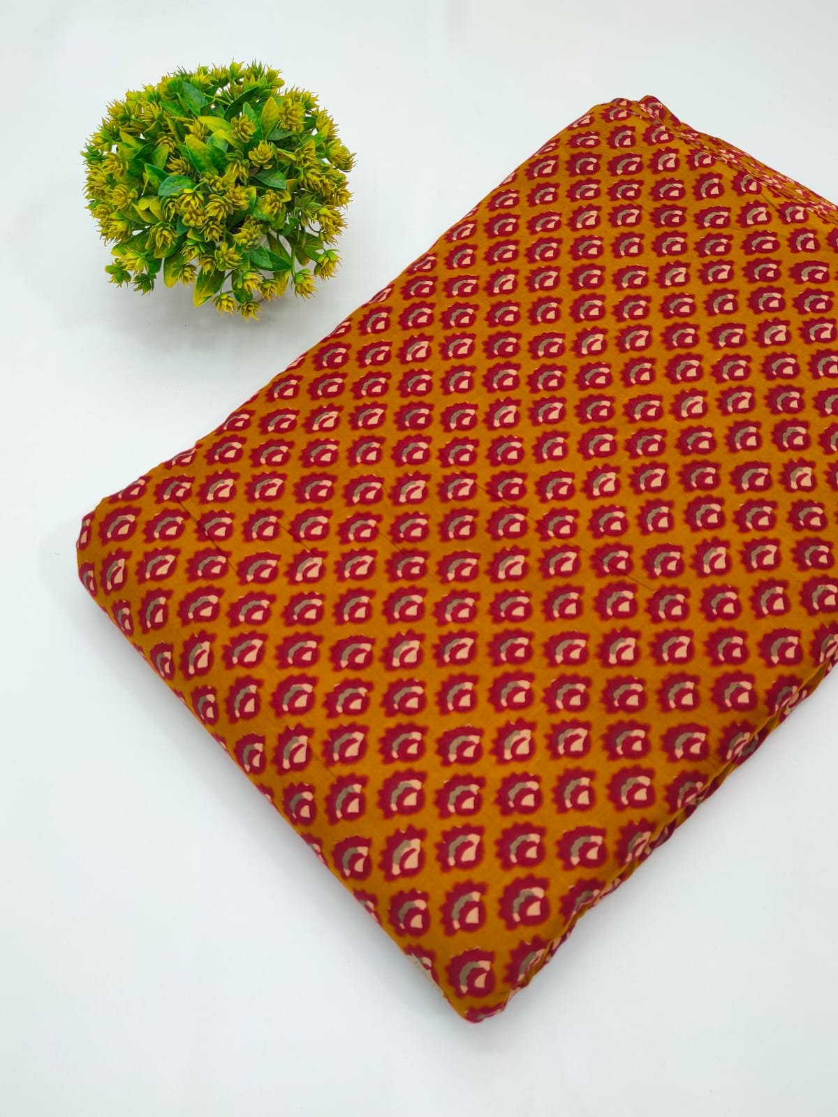 Yellow ethnic motif screen print cotton fabric India