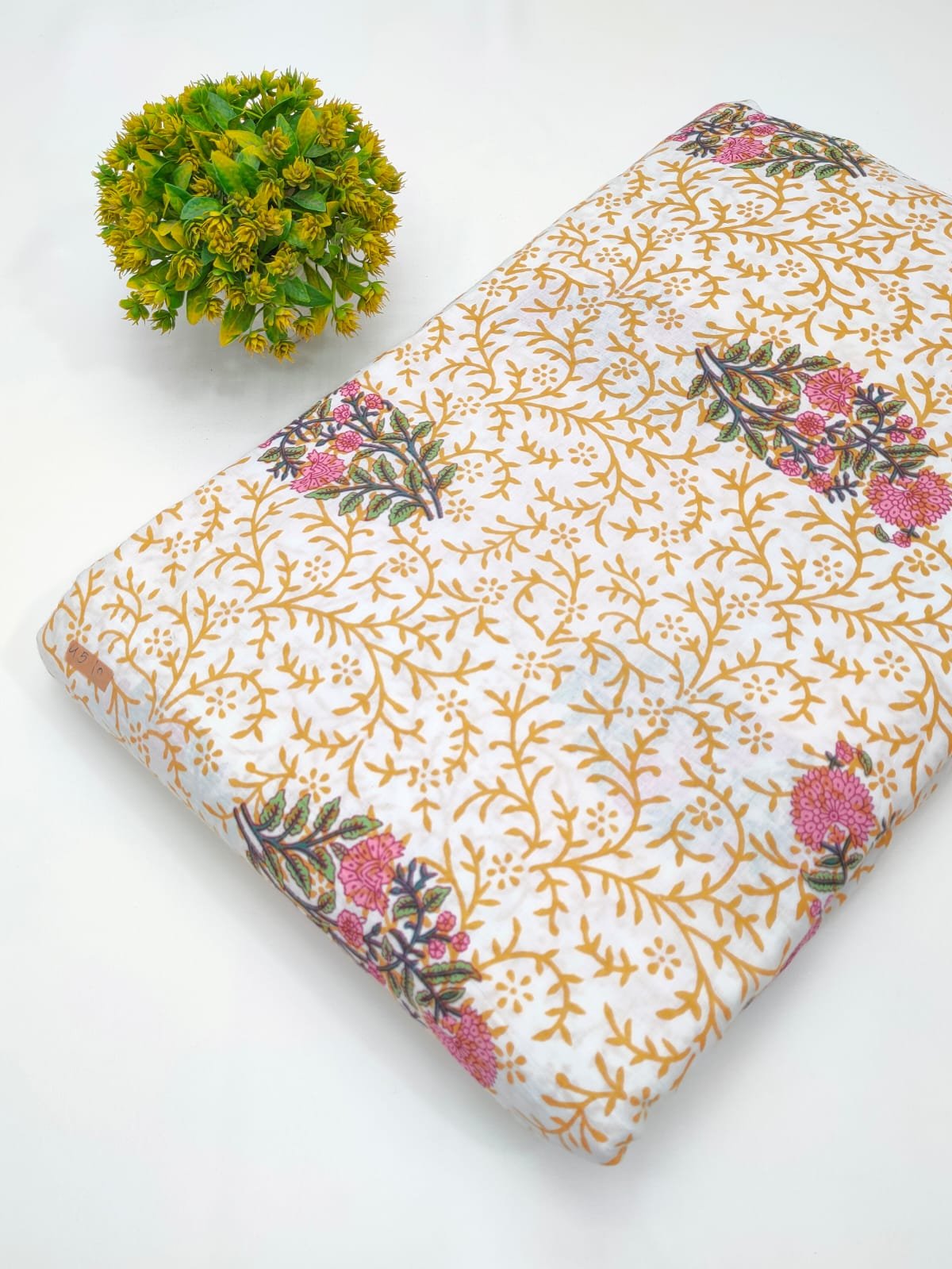 White floral screen print cotton fabric Jaipur