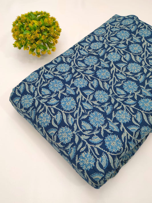 Blue nature-inspired screen print cotton fabric Jaipur