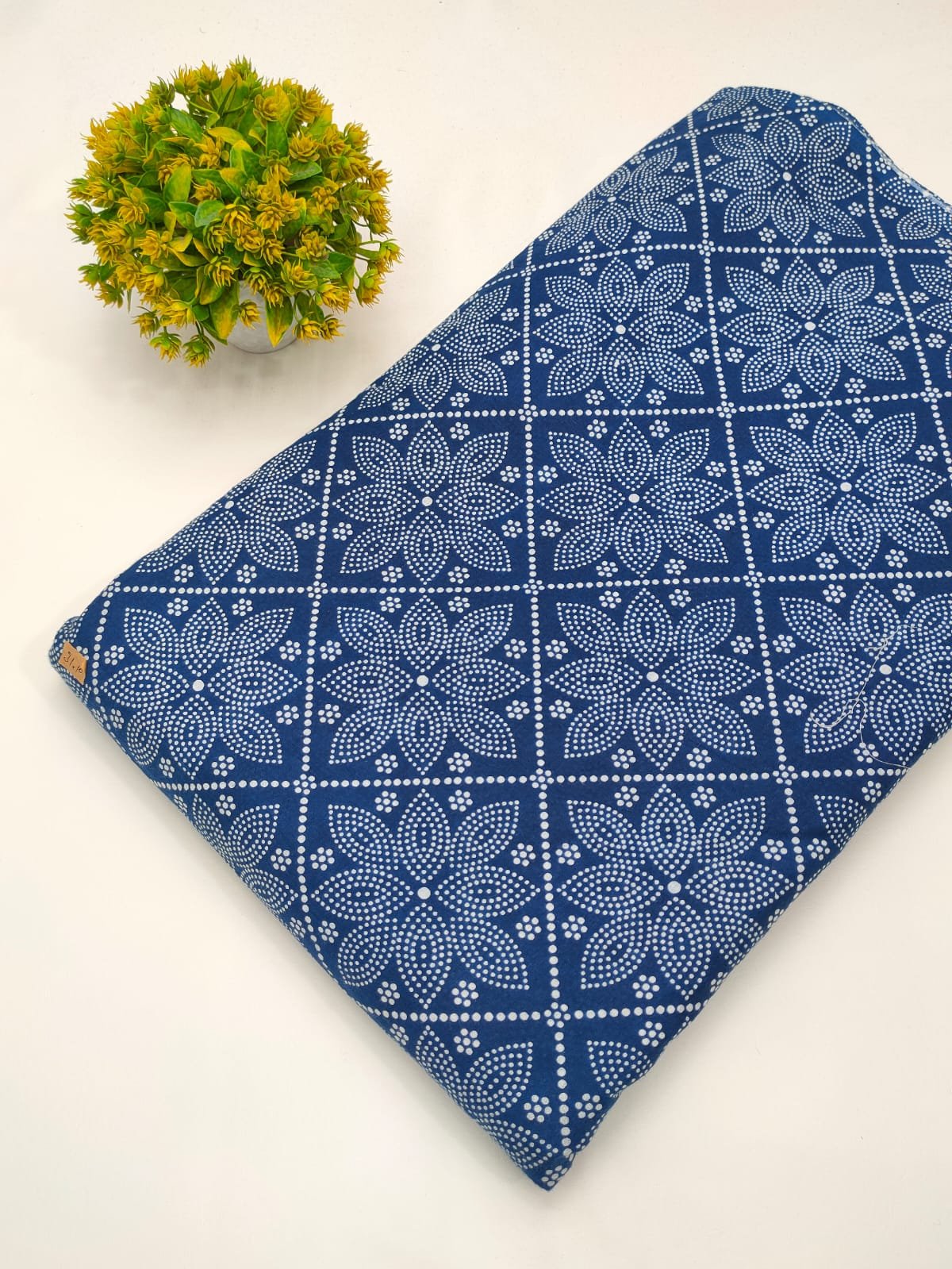 Blue geometric cotton fabric screen print India